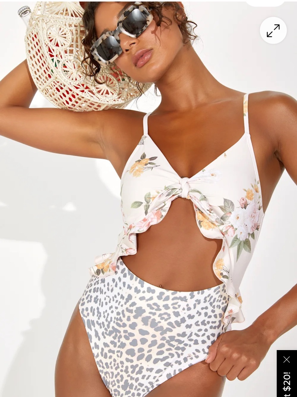 Floral Tie-Front One-Piece Swimsuit in White and Gray